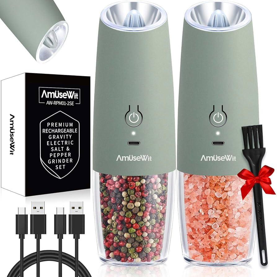 AmuseWit Gravity Electric Salt and Pepper Grinder Set [White Light] USB Rechargeable Automatic Pe... | Amazon (US)