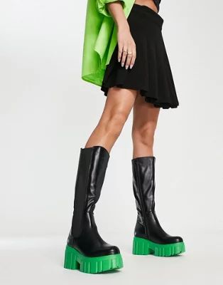 Koi Footwear knee boots with contrast sole in black and green | ASOS (Global)