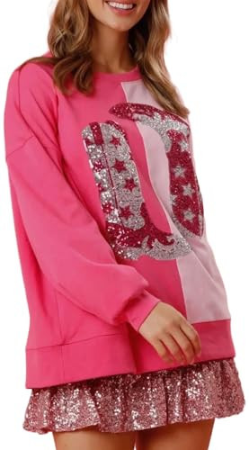 Yiulangde Galentine's Day Sweatshirt Sequin Cowboy Boots Tops Cute Sparkly Sweaters Coquette Clothes Glitter Long Sleeve Shirts for Women | Amazon (US)