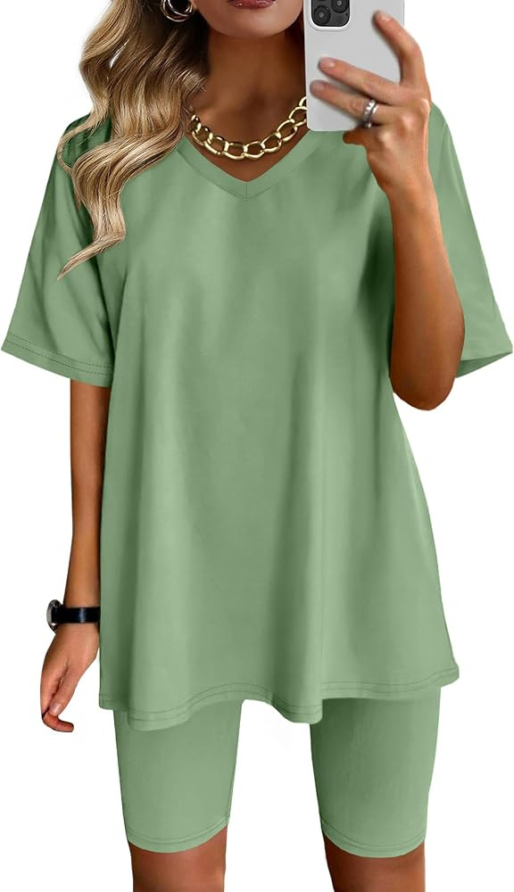 AGSEEM Two Piece Outfits For Women Summer V Neck T-Shirt Tops Biker Shorts Workout Sports Tracksu... | Amazon (US)