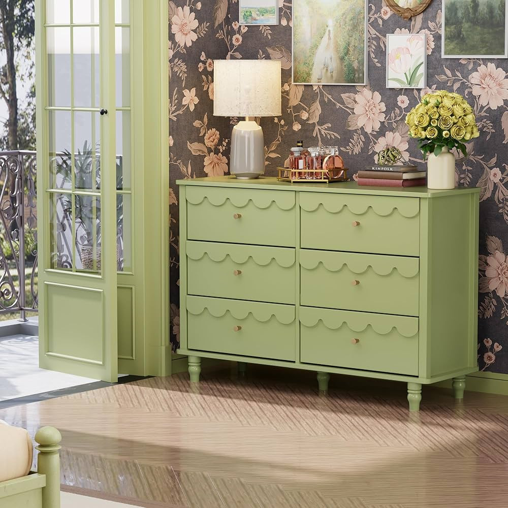 Anbuy Green Scalloped Nursery Chests and Dresser for Kids Bedroom Wood 6 Drawer Dresser, Dressers... | Amazon (US)