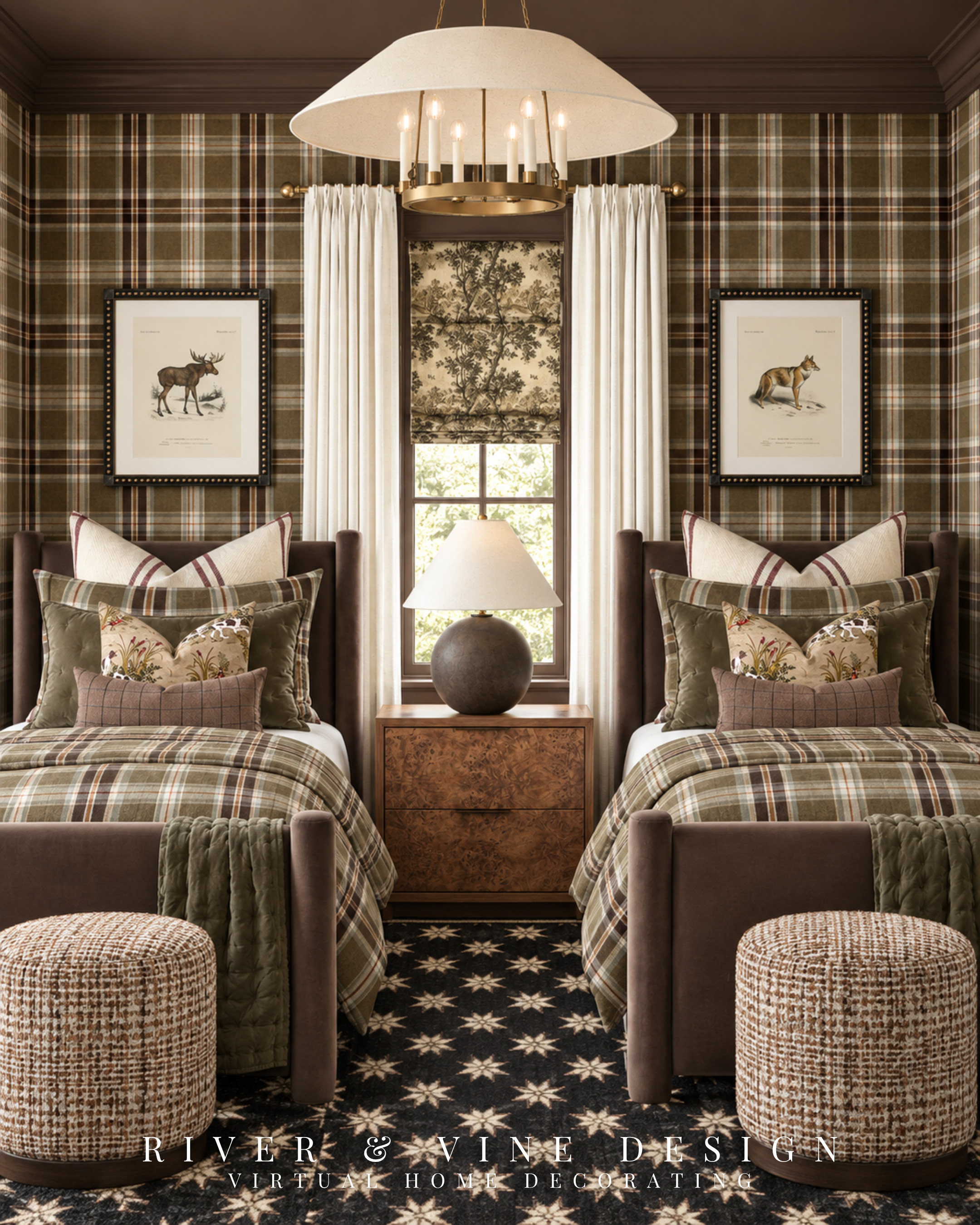 Loving plaid bedding is one thing. Committing to plaid wallpaper, too, takes a little more convincing.

In this shared boys’ bedroom, the solid fabrics are what make that combination work. The brown upholstered beds balance the energy of the plaid bedding, the cream curtains interrupt the pattern on the walls, and the olive quilts add another layer without introducing another print.

Those quieter areas give your eye somewhere to rest while letting the plaid remain a big part of the design.

If you’re considering patterned bedding and wallpaper together, look at the pieces surrounding them before buying more pillows. Here, the upholstered beds and solid quilts do just as much for the finished room as the pattern itself.

plaid boys bedroom, shared boys bedroom ideas, plaid wallpaper and bedding, brown upholstered twin beds, olive green quilt, traditional boys bedroom decor, layered twin bedding, brown and green bedroom

I may receive a commission from purchases made through my links.
 

 #LTKHome #LTKKids