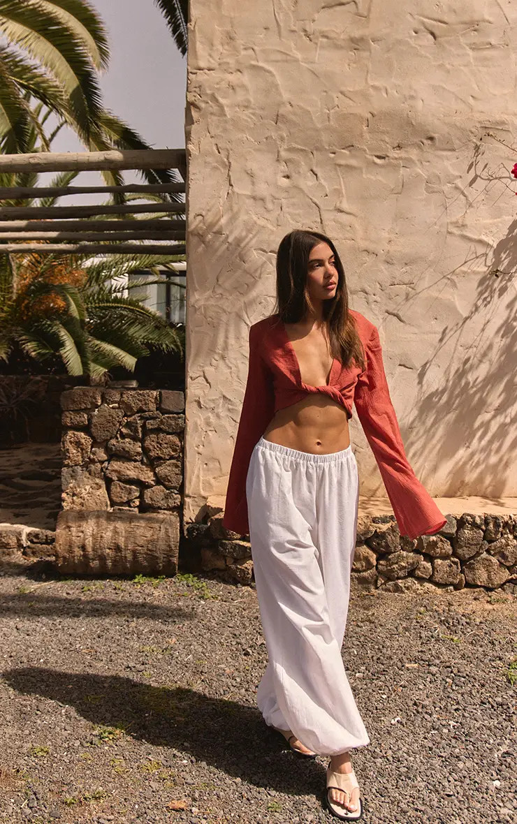 White Linen Balloon Trousers | PrettyLittleThing US