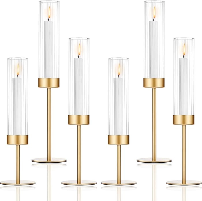 Tall Hurricane Candle Holders Set of 6, Gold Glass Taper Candlestick Holders for Wedding, Christm... | Amazon (US)