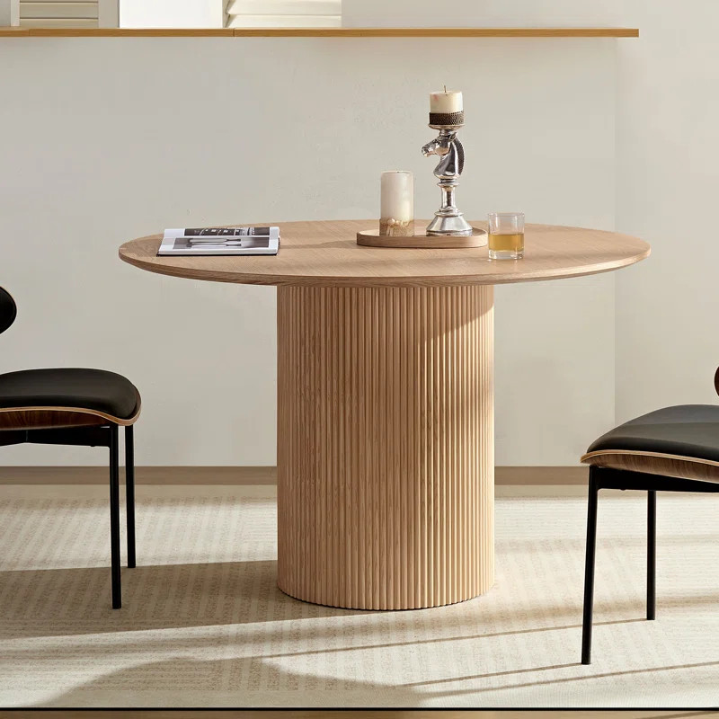 Anae Round Dining Table Pedestal Table with MDF Handcraft Oak Veneer Top for Dining Room | Wayfair North America