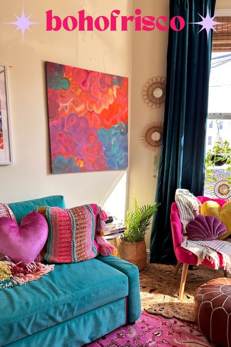 Colorful boho eclectic living room DIY artwork to match my colorful home aesthetic!! The pilllows were lucky HomeGoods find and I linked what I could! 

#LTKhome #LTKunder50 #LTKunder100