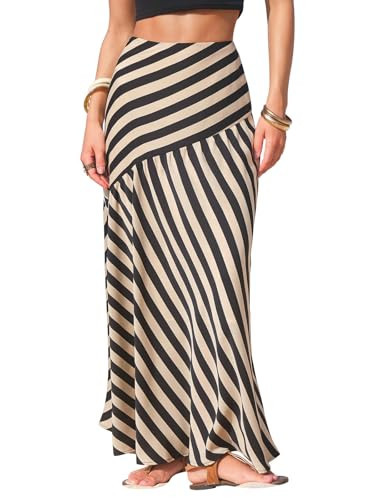 EXLURA Women's Boho Striped Maxi Skirt High Waisted A-Line Summer Beach Long Skirts with Lining Casual Flowy Vacation Outfits Black Brown | Amazon (US)