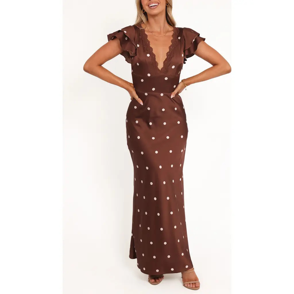 Petal & Pup Arella Dot Satin Maxi Dress in Brown Polka Dot at Nordstrom Rack, Size 4 | Nordstrom Rack
