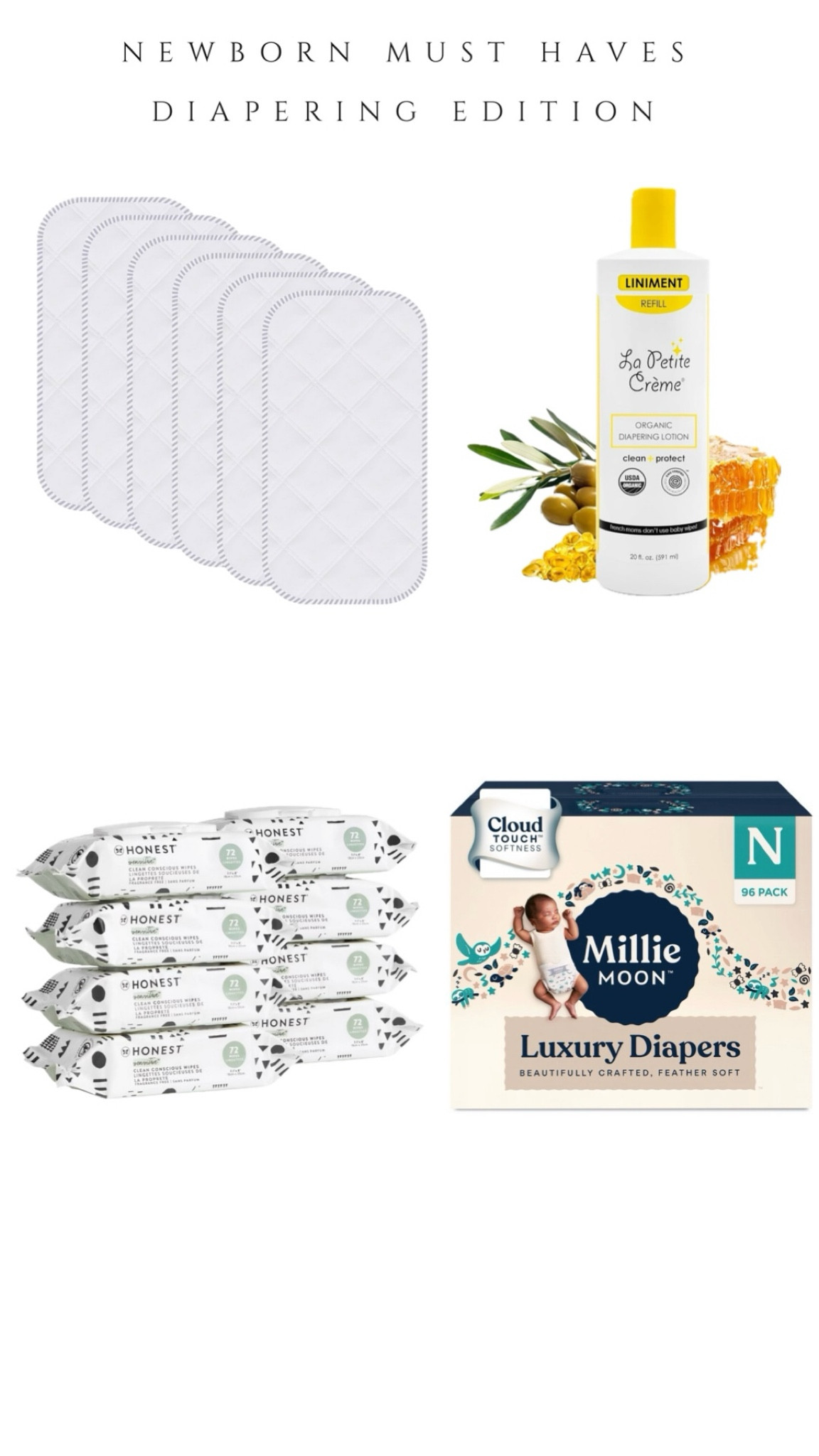 Newborn diapering must haves!
Loved Millie moon diapers and honest wipes. The texture on the wipes helps get all the poop out of all the crevices. 
La petit crème is AMAZONG for the meconium poops. Put some on babies bum before their first poop and it wipes right off. I also used it on a wipe for diaper changes and it made clean up so much easier and prevented diaper rash. 

These waterproof changing pads are a necessity for those newborn diaper changes. IYKYK. Has saved the sheets on numerous occassions  

Forgot to add the picture, but dekor plus diaper pail was great for newborn diapers! Could fit SO many in there and no smell! 

#LTKBaby #LTKFamily #LTKBump