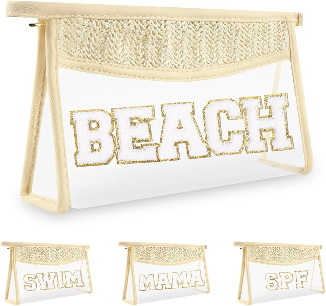Iqimott Boho Patch Stuff Bag Clear Makeup Letter Bag, Waterproof Zipper Make up Bag Toiletry Pouch, Beach-Beige | Amazon (US)