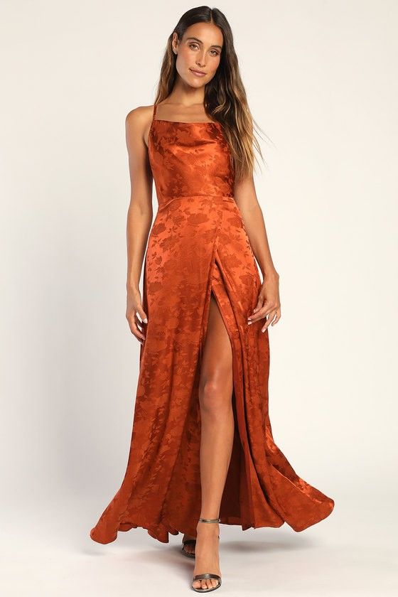 Simply Dreamy Rust Orange Satin Floral Jacquard Maxi Dress - Fall Wedding Guest  | Lulus (US)