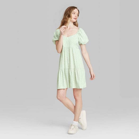 Women's Floral Print Short Puff Sleeve Round Neck Babydoll Mini Dress - Wild Fable™ Green | Target