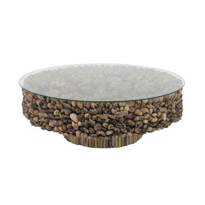 Rustic Driftwood Coffee Table Brown - Olivia & May: No Assembly, Glass Top, Wood Legs | Target
