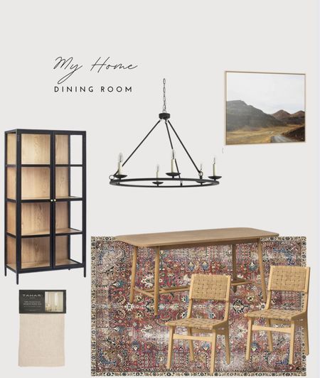My dining room links. Loloi area rug on sale. Matte black wheel chandelier under $100. Natural wood dining table and natural leather chairs. Black and wood display cabinet hutch. 

#LTKunder100 #LTKhome