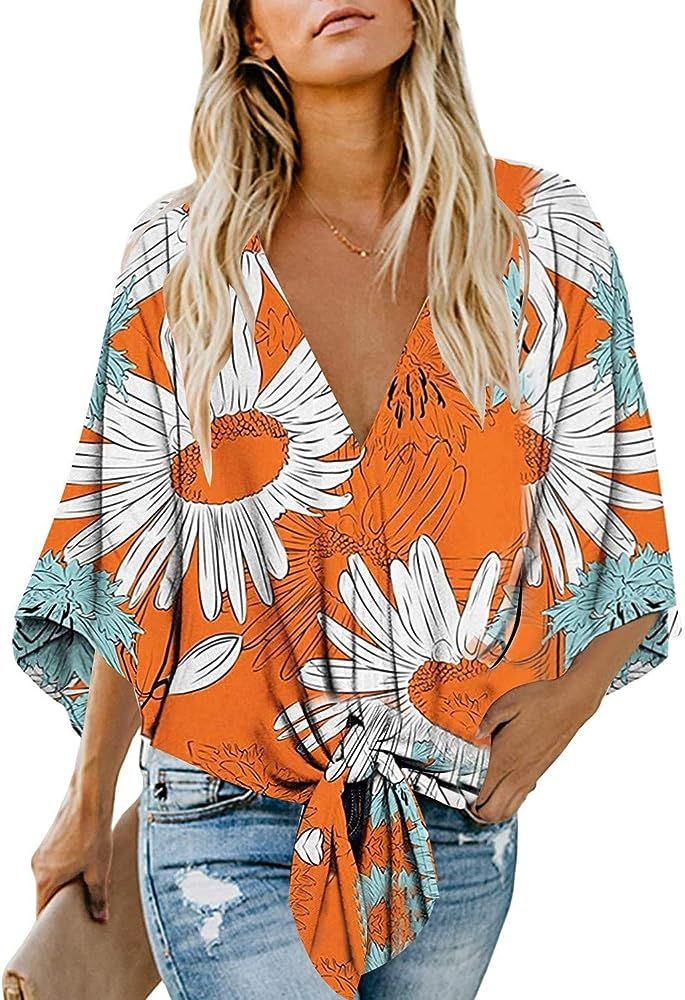 Women's Casual Floral Blouse Batwing Sleeve Loose Fitting Shirts Boho Knot Front Tops Yellow L at... | Amazon (US)