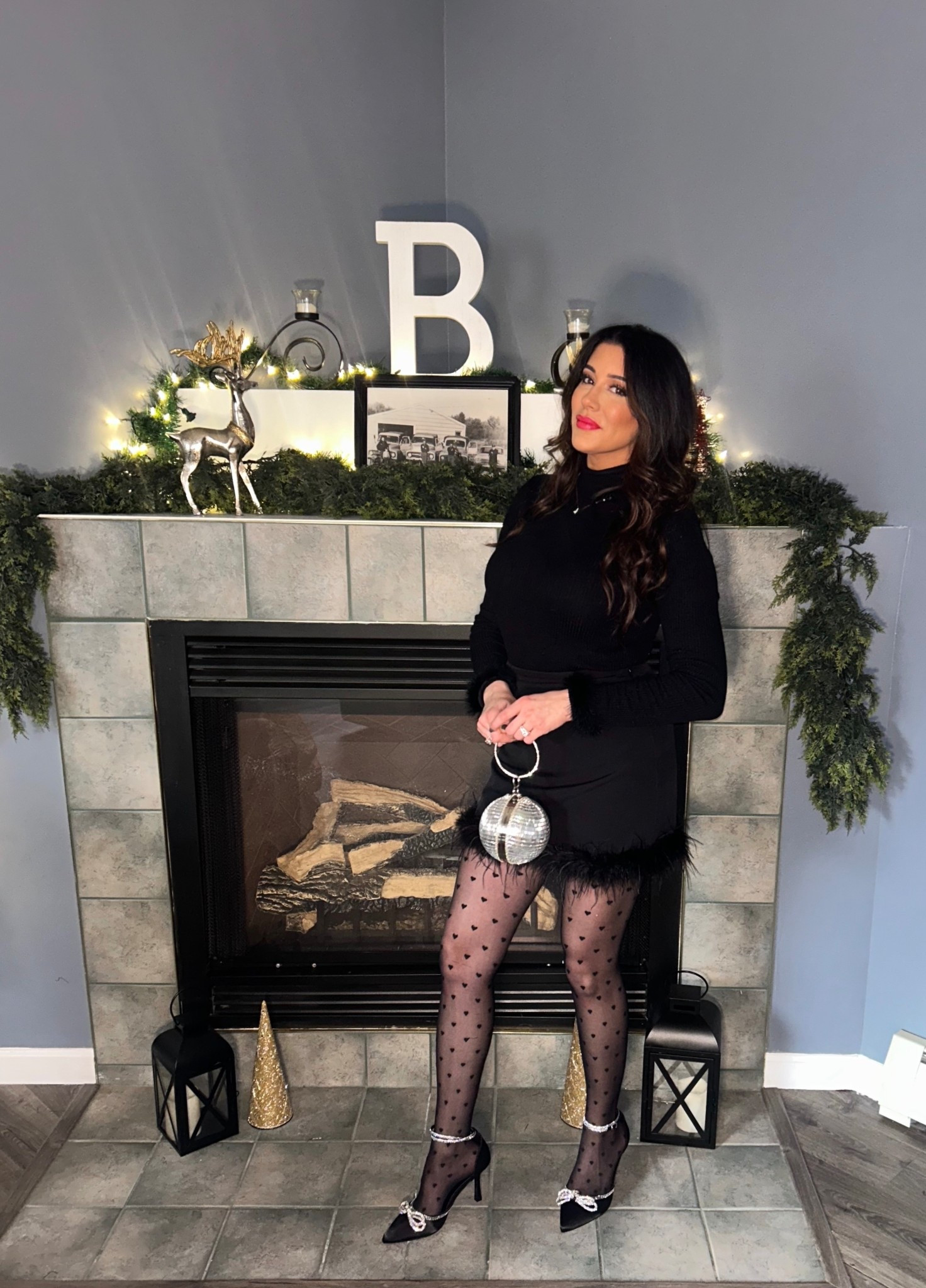 Found the perfect holiday party look! 🥂✨ I’m obsessed with the feather trim details and these heart-patterned tights. They add such a fun, playful touch to a classic monochrome outfit.

#LTKSeasonal #LTKHoliday #LTKTall