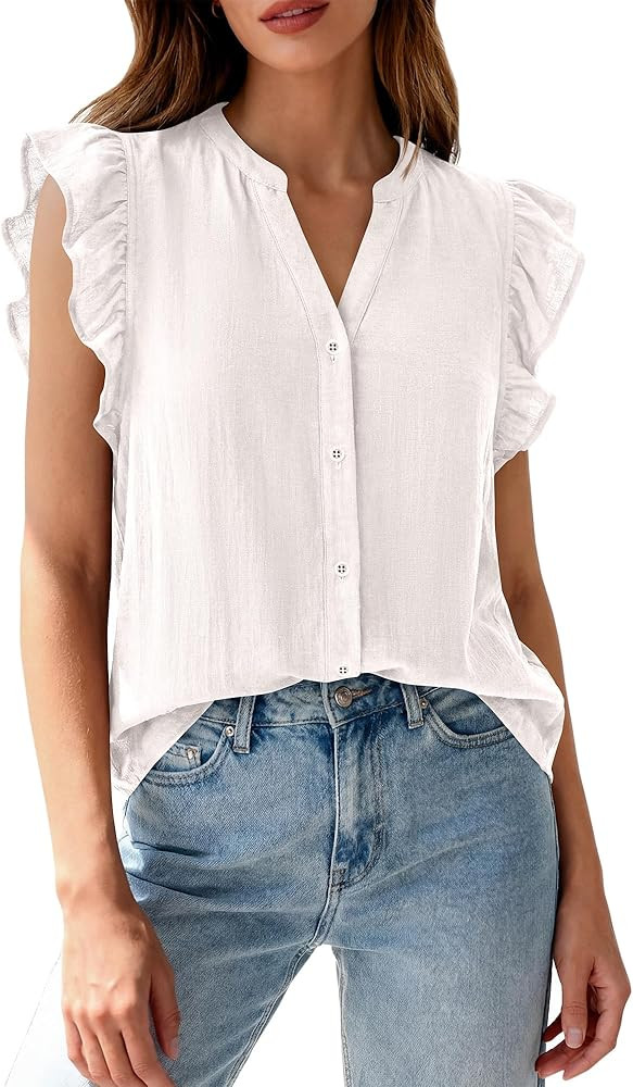 Zenlonr Womens Short Ruffle Sleeve Shirts V Neck Button Down Shirt Solid Color Going Out Spring T... | Amazon (US)