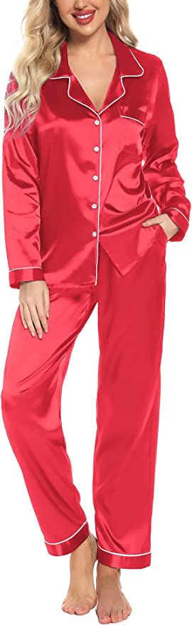 Senert Womens Silk Satin Pajamas Long Sleeve Pjs Set Soft Sleepwear Button Down Loungewear Sets S... | Amazon (US)