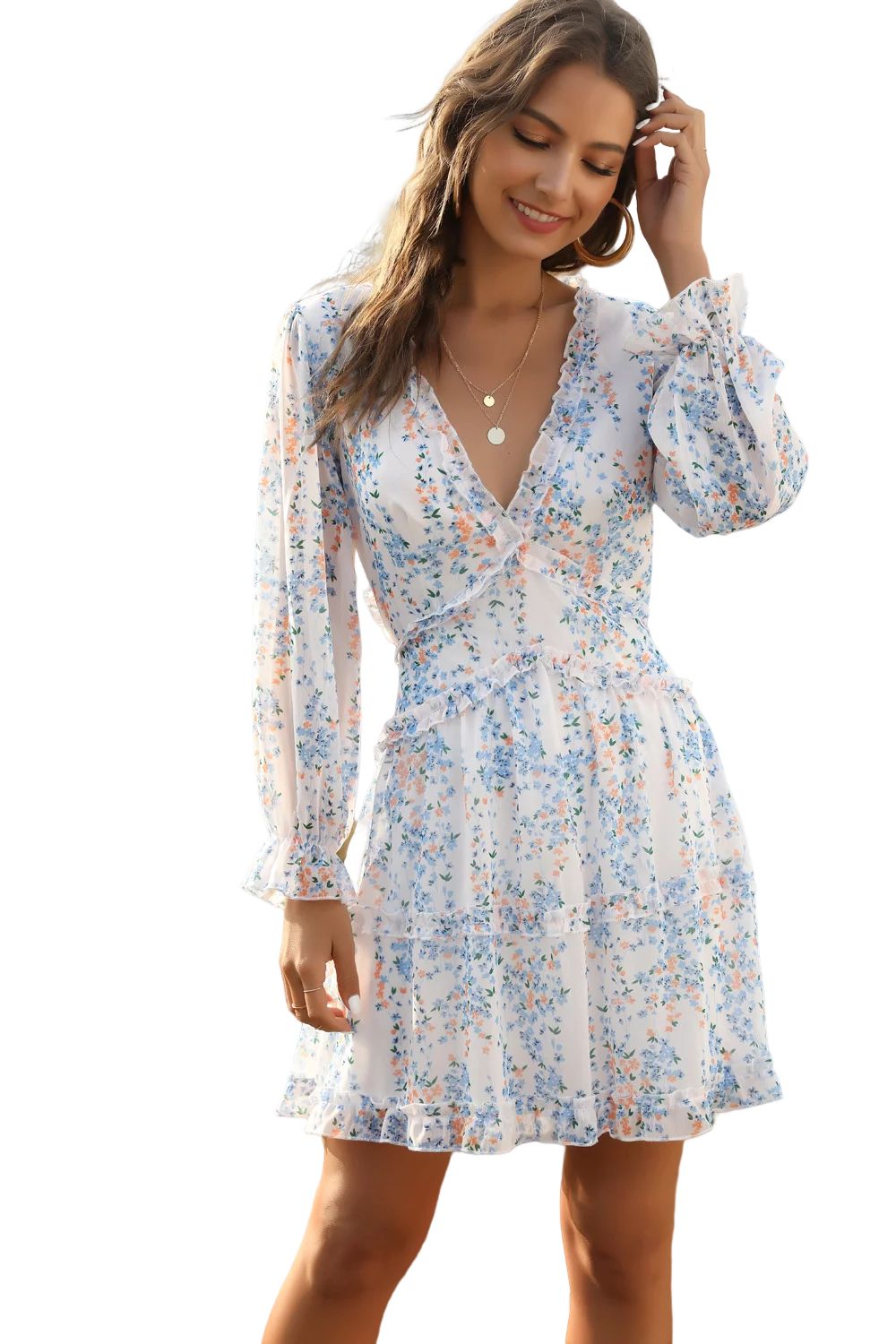 Xicks Dresses for Women 2023 Spring Summer Deep V Neck Ruffle Long Sleeve Floral Print Mini Dress | Walmart (US)