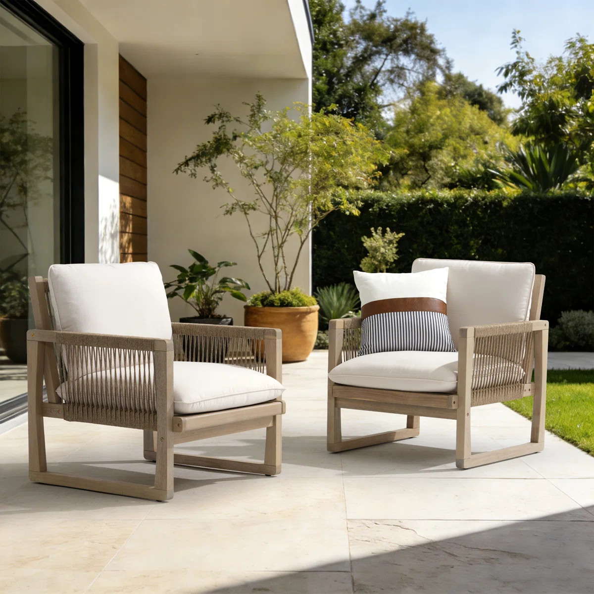 Outdoor 2-piece Acacia Solid Wood Chairs With Cushions | Wayfair North America