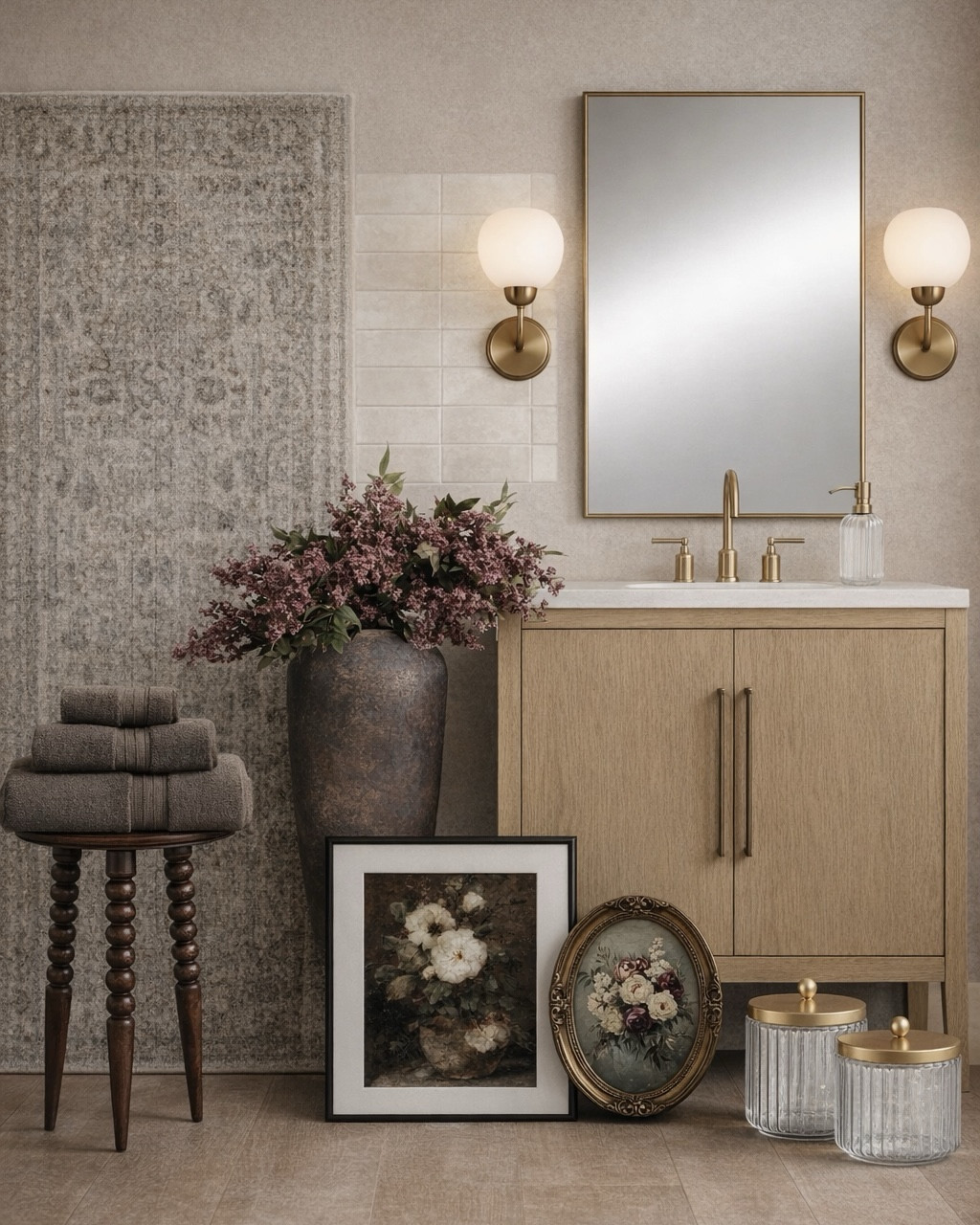 A collected and calming bath curation—natural wood tones, soft floral artwork, creamy zellige-style tile, and vintage-inspired touches throughout. I love how the aged brass lighting warms everything up, while the soft rug underfoot makes the space feel cozy and complete.

Follow @farmtotablecreations on Instagram for more home finds & styling inspo.

#bathroomdesign #bathroomdecor #vanitylighting #vintagestyle #bathroomstyling #bathroomvanity #bathroominspo #neutralbathroom #curatedhome #brassfixtures #bathroomrug #floralart #modernvintage



#LTKSaleAlert #LTKHome