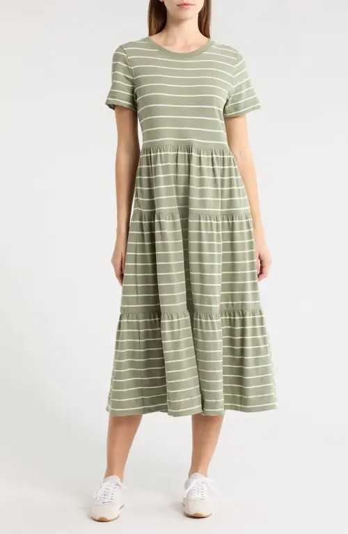 Marine Layer Luxe Stripe Sueded Cotton Tiered Midi Dress in Olive Stripe at Nordstrom, Size X-Large | Nordstrom