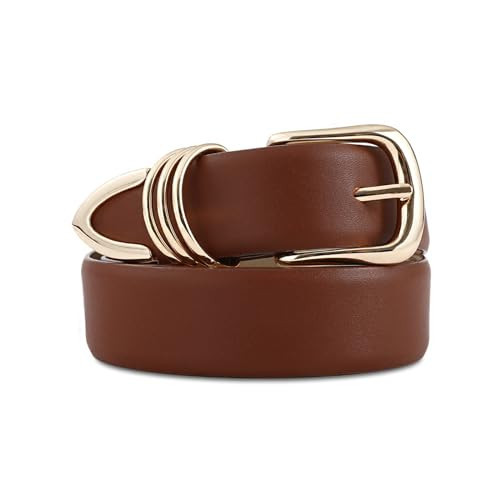 RISANTRY Women's Brown Belts with Gold Buckle Elegant Leather Waist Belt Ladies Belts for Jeans Dress & Casual Wear | Amazon (US)