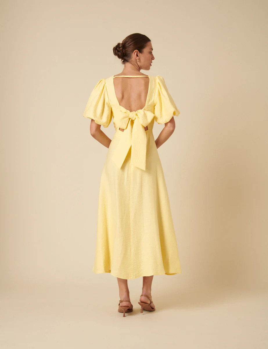 Butter Yellow Puff Sleeve Zola Midi Dress | Nobody's Child