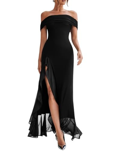 LAGSHIAN Women's Sexy Formal Off Shoulder Sleeveless High Split Ruffle Evening Party Maxi Dress Black | Amazon (US)