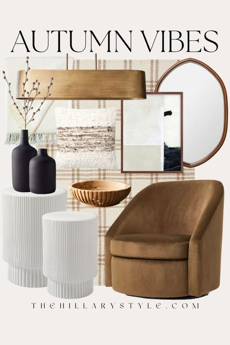 Autumn Vibes: organic modern home decor and furniture finds for fall. Velvet accent chair, area rug, fluted pedestal table, side table, gold light fixture, oval mirror, framed abstract art, neutral art, white throw blanket, fall accent pillow, black vase, matte vase, fall stem, fall florals, wood bowl. Target, Target Home, Anthropologie, West Elm, Minted, McGee & Co, Wayfair. 

#LTKFind #LTKSeasonal #LTKhome