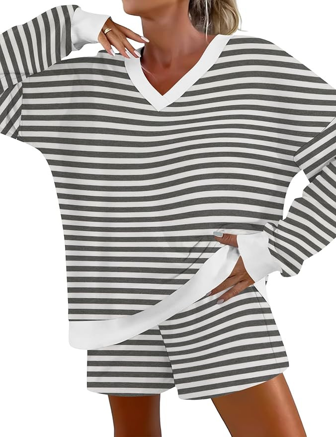AKEWEI Womens Pajama Sets V Neck Long Sleeve Top and Shorts Cozy Loungewear with Pocket | Amazon (US)