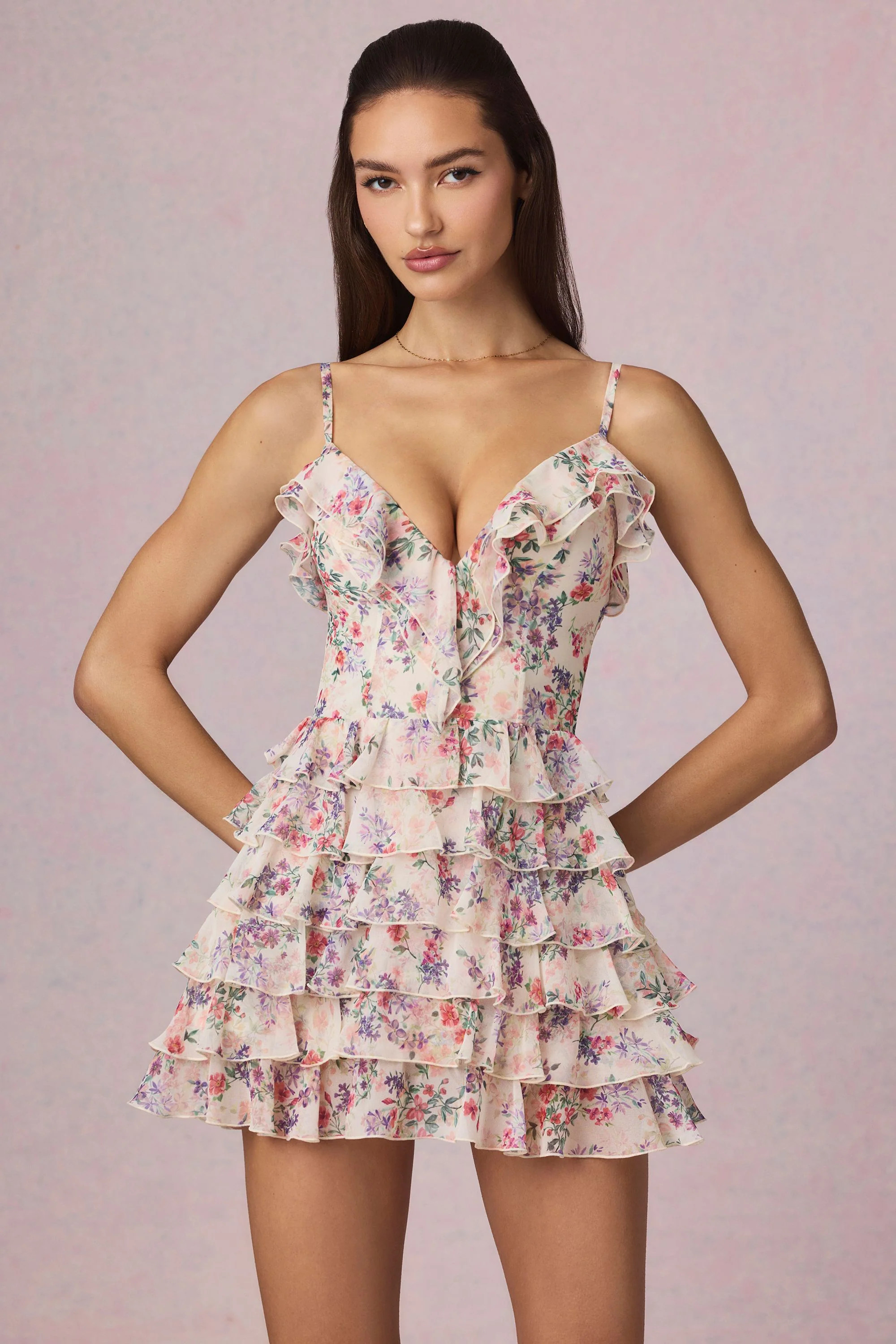 Ruffled Lace-Up A-Line Mini Dress in Primrose Floral Print | Oh Polly