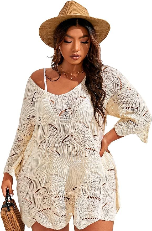 MakeMeChic Women's Plus Size Crochet Swimsuit Cover Up Sheer Beach Dress at Amazon Women’s Clot... | Amazon (US)