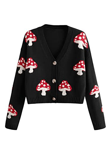 SweatyRocks Women's Long Sleeve Button Front V Neck Soft Knit Cardigan Sweaters Mushroom Black S | Amazon (US)