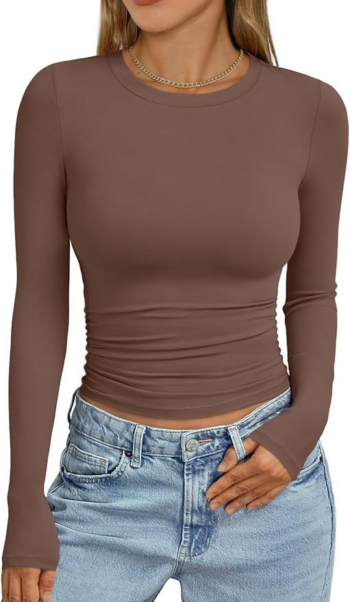 Trendy Queen Womens Long Sleeve Shirts Crop Tops Fall Fashion 2026 Going Out Basic Winter Clothes | Amazon (US)
