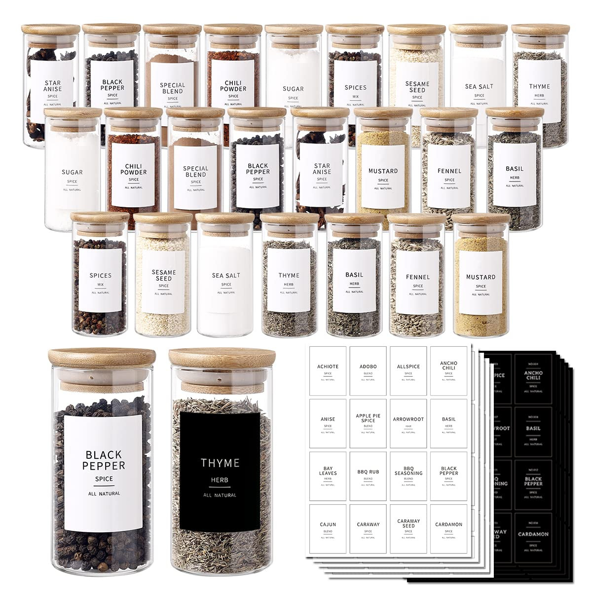 24 Pcs Glass Jars With 296 Spice Labels Preprinted of White and Black Color- 4oz Thicken(2.4mm) E... | Amazon (US)