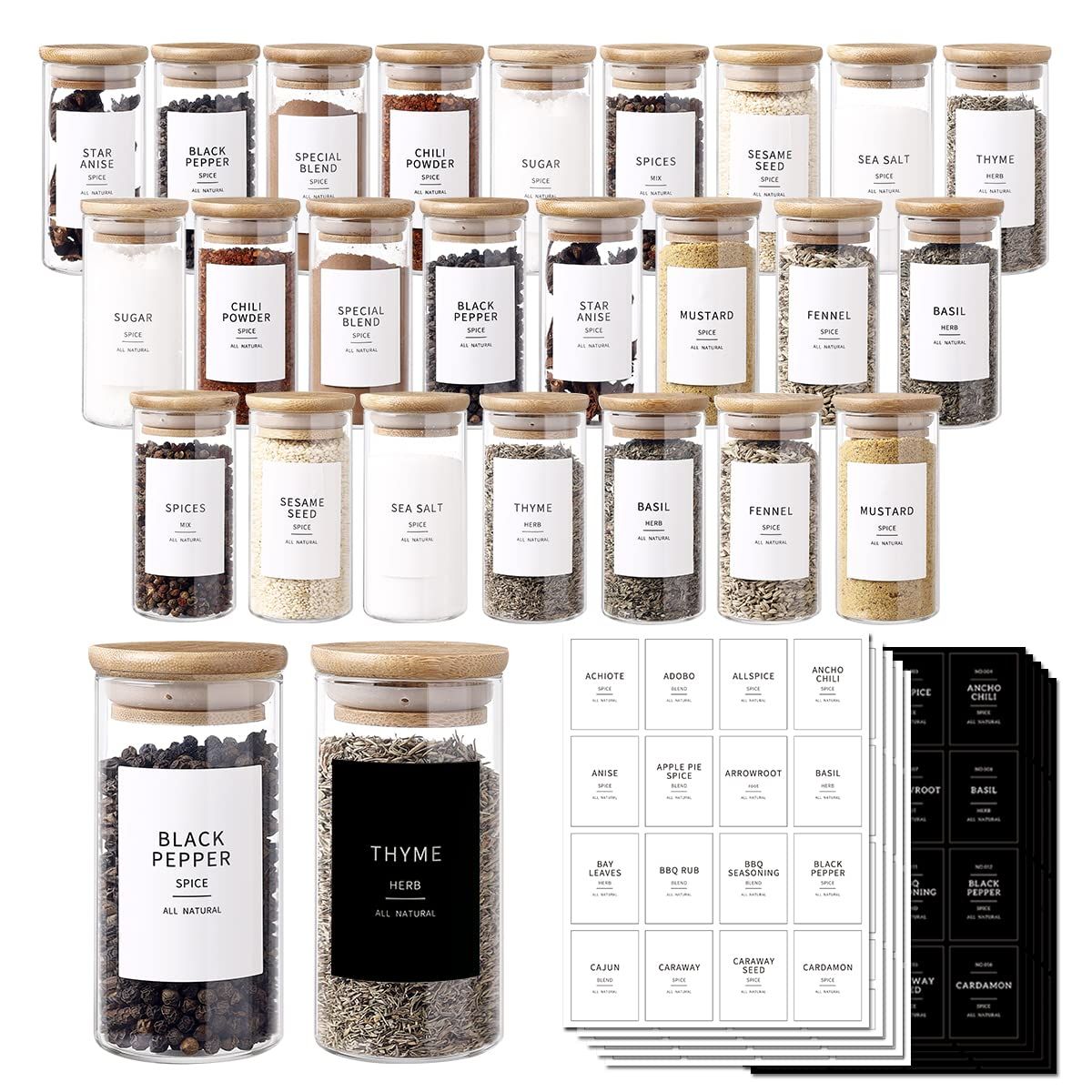 CZZGSM 24 Pcs Glass Jars With 296 Spice Labels Preprinted of White and Black Color- 4oz Thicken(2.4mm) Empty Small Herb Seasoning Containers With Bamboo Airtight Lids | Amazon (US)