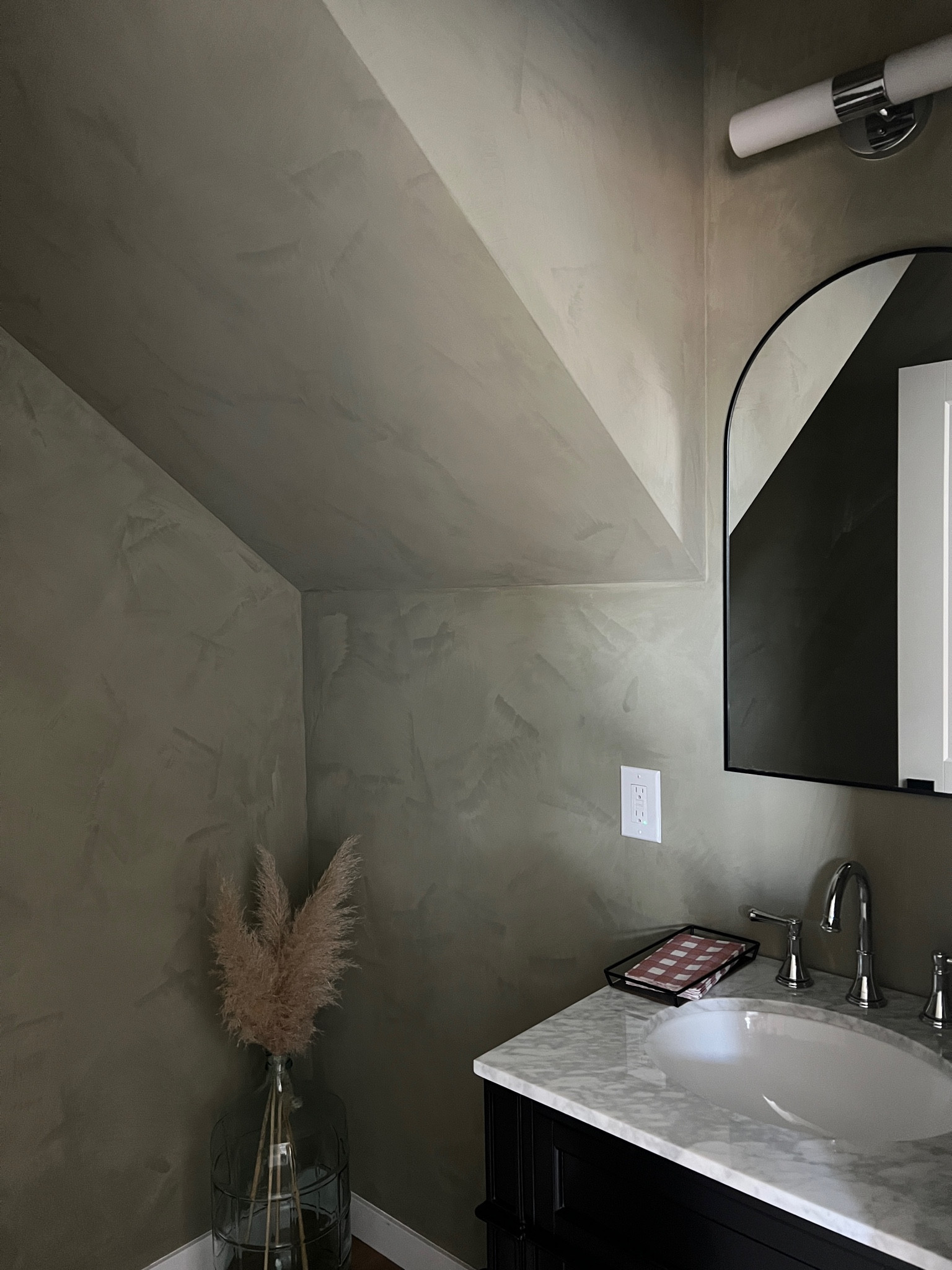 Our powder bath ✨
It came together better than I planned. Love every detail. Went with black + chrome for this room. 
Limewash  - color atelier in seine 
They applied primer with a roller brush and then 2 coats lime wash with the special brush 

- pampas grass from our yard and large jug is vintage.

#LTKhome