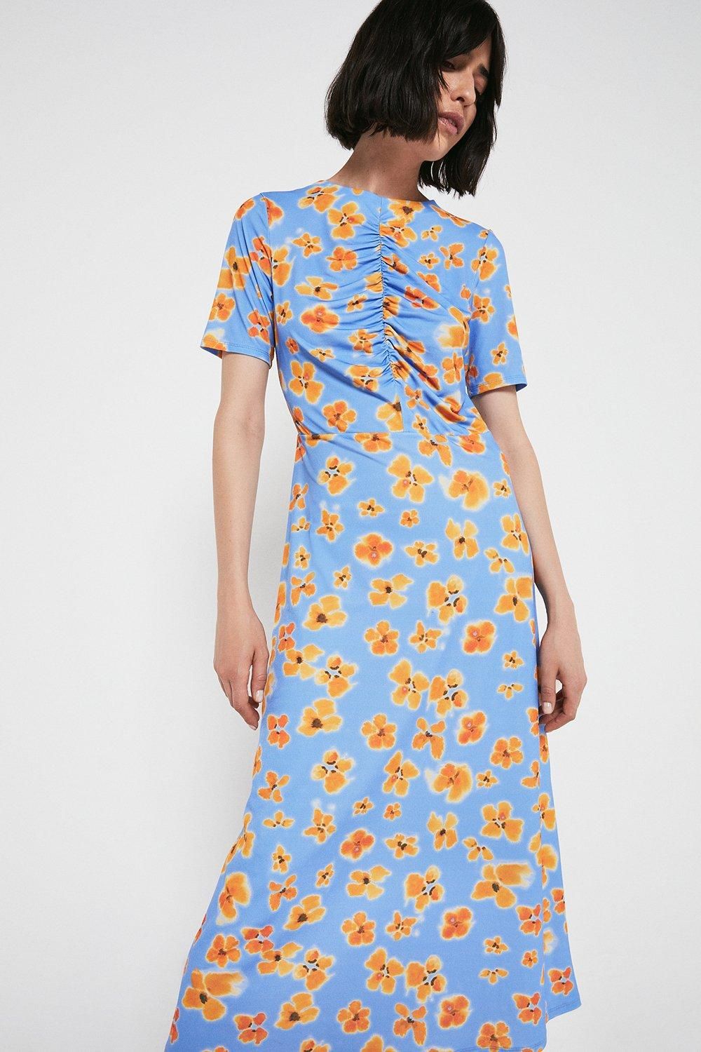 Printed Ruched Front Midi Dress | Warehouse UK & IE