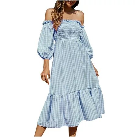 CLEARANCE Plaid Dresses for Women Boho Dresses Cottagecore Dresses Crewneck Midi Dresses Women Flowy | Walmart (US)