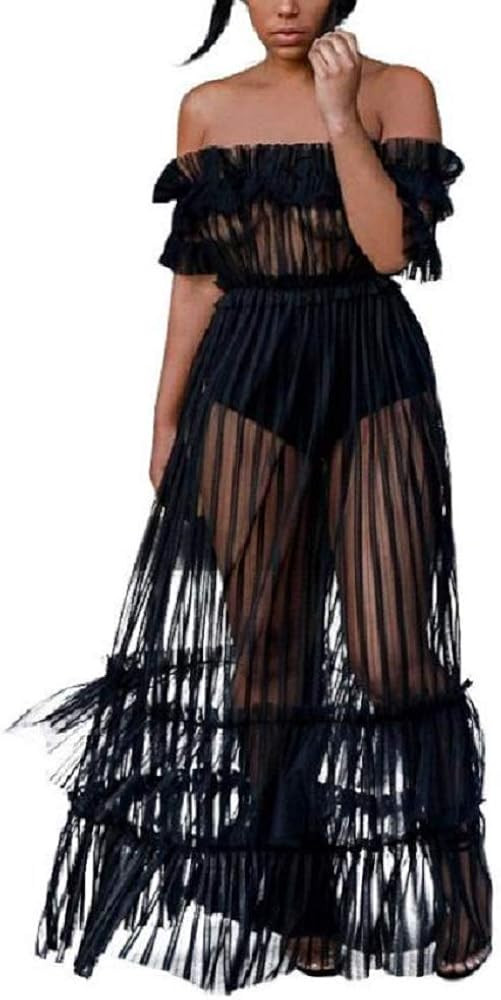 Women Sexy Lace Off Shoulder Mesh See Through Long Pleated Maxi Dress Club Party Gown | Amazon (US)