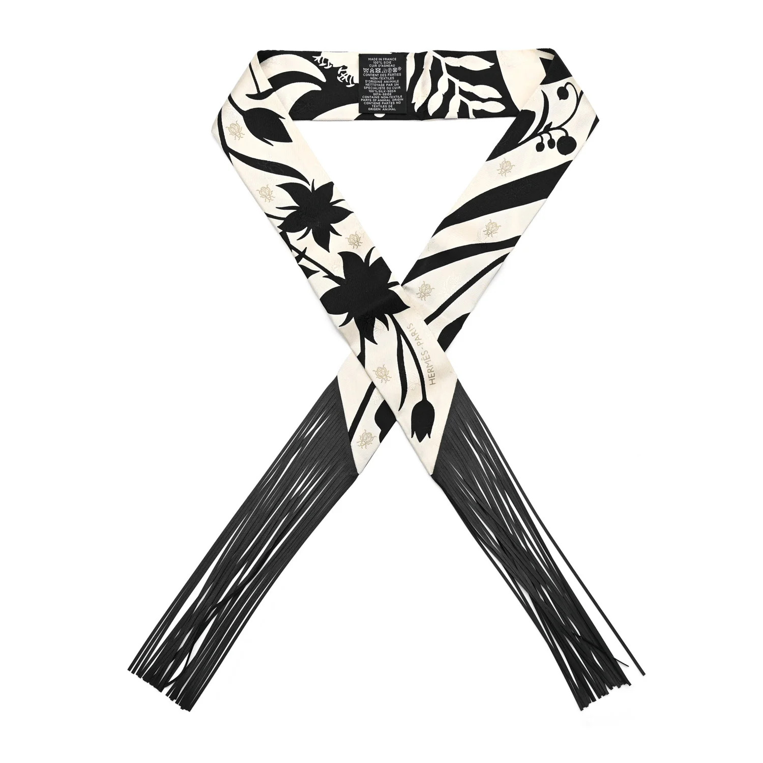 Silk Calfskin Bouquet Final Fringed Twilly Creme Black | FASHIONPHILE (US)