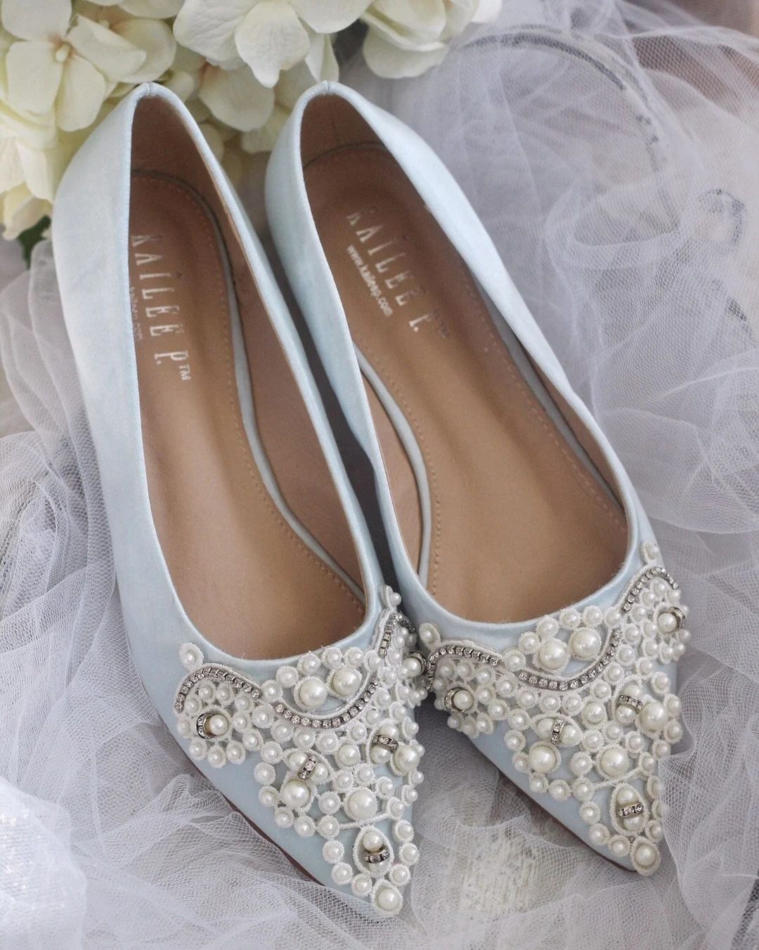 Light Blue Satin Pointy Toe Flats With PEARLS APPLIQUE Women Wedding Shoes, Bridesmaid Shoes, Som... | Etsy (US)