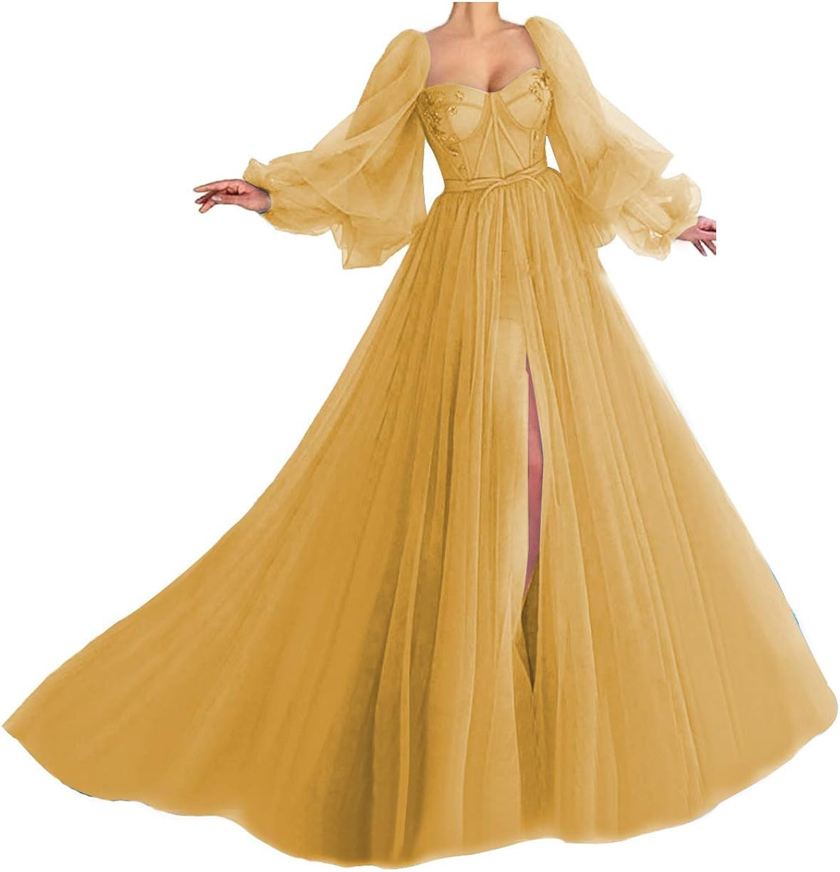 Women's Puffy Sleeve Prom Dress Ball Gown Tulle Sweetheart Wedding Formal Evening Gowns with Spli... | Amazon (US)