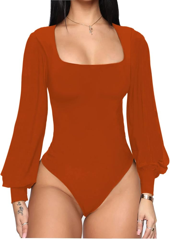 Women's Square Neck Long Sleeve Tops Lantern Sleeve Solid Bodysuit Jumpsuit | Amazon (US)