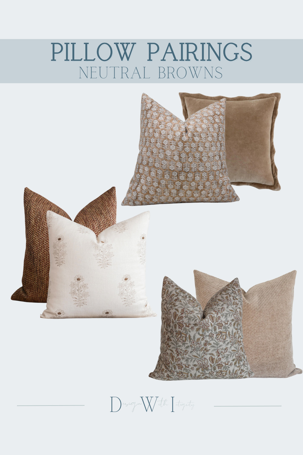 This neutral brown pillow pairing is all about warmth and texture. Layered shades of camel, taupe, and soft chocolate create a rich yet calming palette, while the mix of tailored solids and understated pattern adds depth without overpowering the space. Subtle variation in fabric and motif keeps the arrangement feeling collected, refined, and timeless—perfect for grounding a living room or bedroom.

Shop the full curated pillow pairing through the link to bring this designer-approved neutral mix into your home. 

 #LTKHome