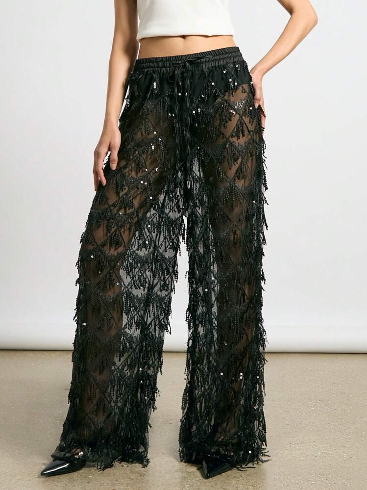 AiiRZ Sheer Sequin Embellished Wide Leg Pants With Elastic Drawstring Waist Party Festival Evening Wear Special Occasion Fringe Detailing | SHEIN