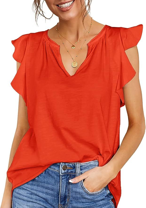 Kikula Womens Cap Sleeve Tops Casual Loose Sleeveless Ruffled V Neck T Shirts Blouse Tank Tops | Amazon (US)