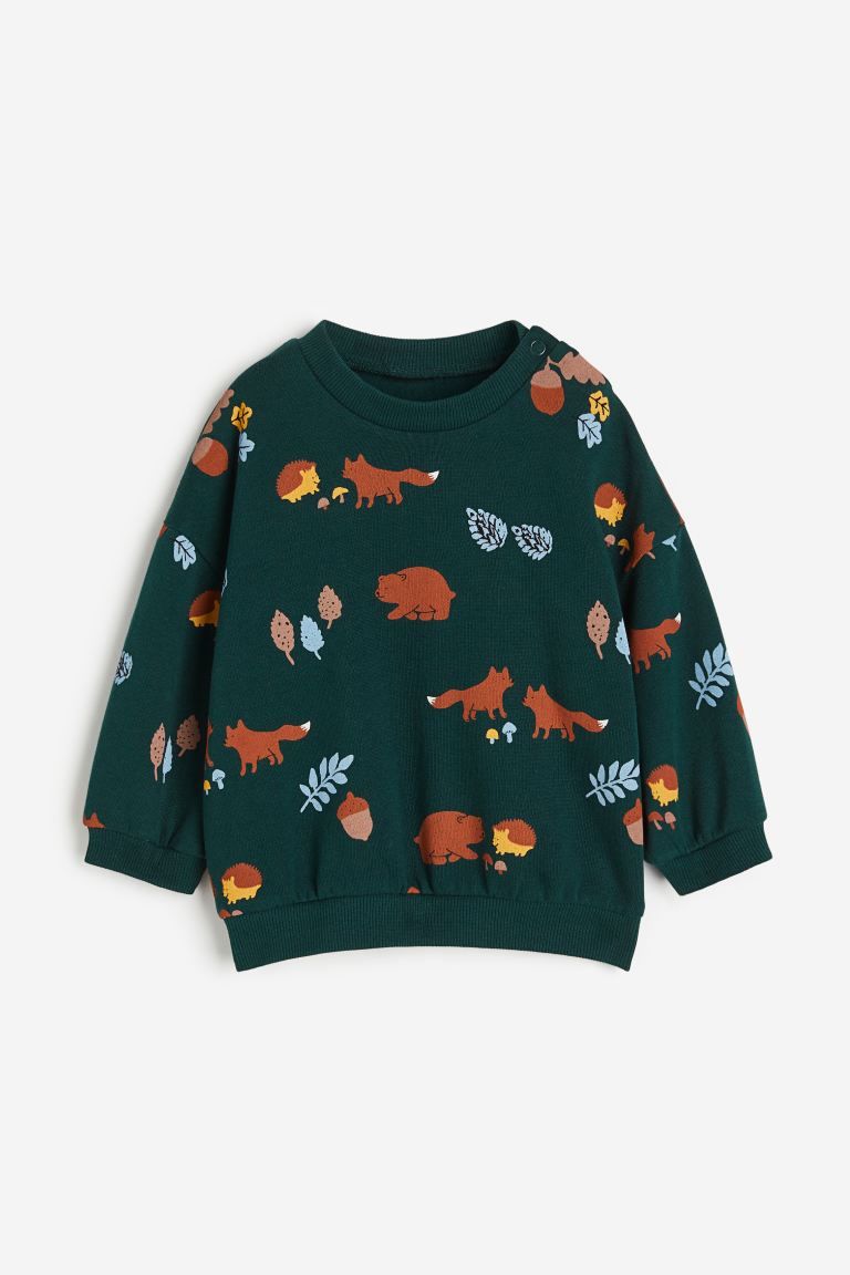 Cotton Sweatshirt - Dark green/animals - Kids | H&M US | H&M (US + CA)