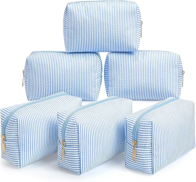 Sanwuta 6 Pcs Seersucker Cosmetic Bags Bulk Seersucker Makeup Bags Stripe Women Pouch Large Prepp... | Amazon (US)